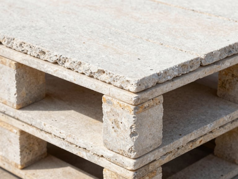 High-contrast close-up of a raw stone pallet, clean limestone and slate textures, sharp geometric lines, bright daylight, 35mm lens.