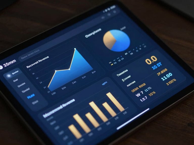 Sleek dark-mode business intelligence dashboard on a tablet screen, glowing royal blue charts and gold metrics showing recovered revenue and inbound calls, moody low-key ambient lighting, 35mm