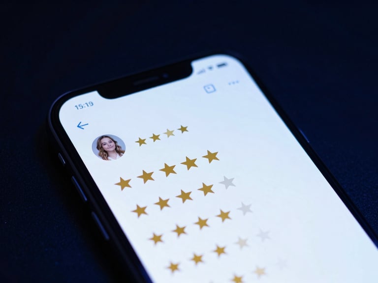 A sleek smartphone screen displaying incoming positive customer reviews with gold star ratings, dark obsidian background, soft blue glow