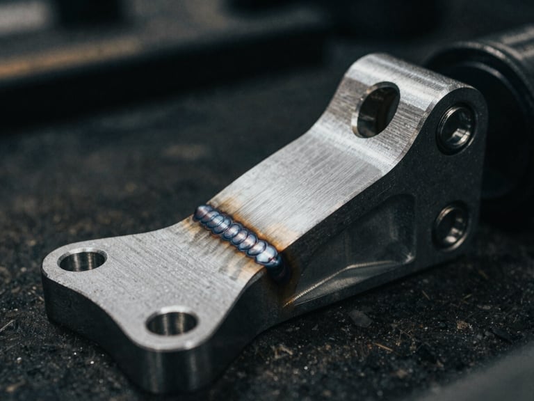 A close-up macro shot of a custom-fabricated aluminum suspension bracket, clean TIG welds, raw brushed metal texture, dramatic side-lighting, dark workshop background.