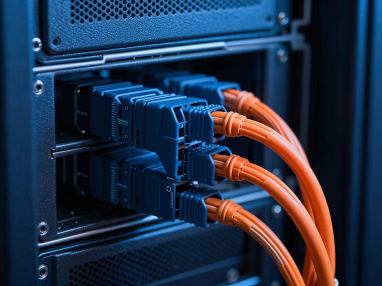 Macro shot of high-contrast server racks with cool blue technical lighting, clean cables, deep slate shadows