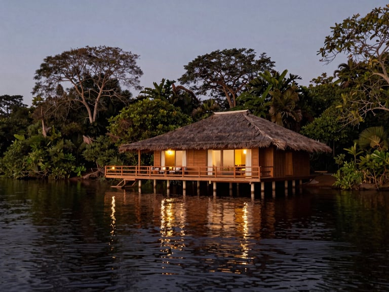A luxury floating lodge anchored on a quiet Amazon river bend at dusk, warm lights reflecting on the black water, pristine nature surrounding.
