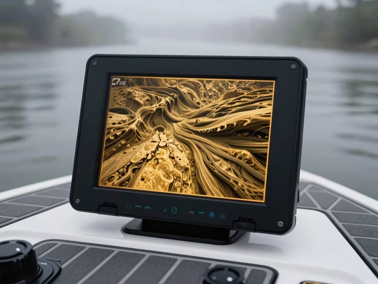 Close-up of a high-end sonar screen showing riverbed structures in golden tones, mounted on a clean, modern bass boat deck, misty river background