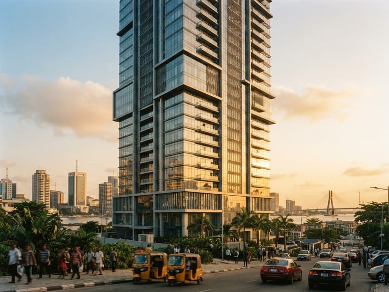 Wide-angle architectural perspective of a modern commercial high-rise in Lagos under warm golden-hour sunlight, structured and clean lines, 35mm film aesthetic