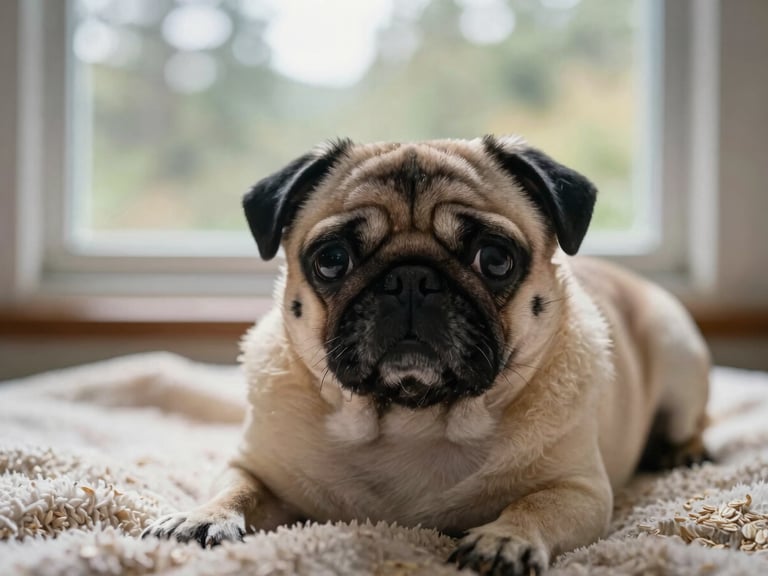 Close-up portrait of a fawn pug with expressive eyes resting on an oatmeal blanket, soft natural window light, shallow depth of field, 35mm