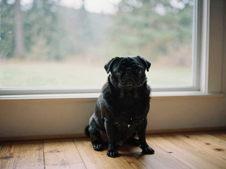 A black pug sitting on a wooden floor near a window, soft overcast daylight, warm documentary style, 35mm