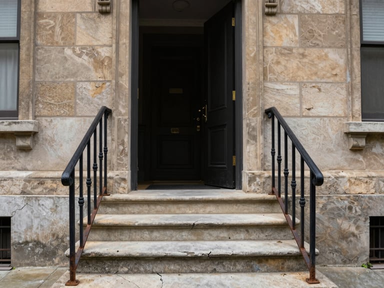A weathered home entrance with cracked concrete steps, rusted black iron handrails, and dark unlit doorway under overcast sky