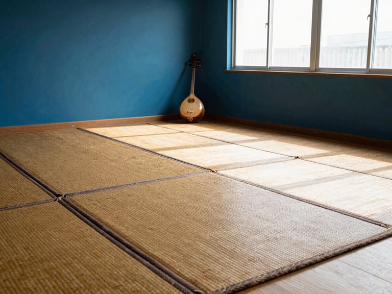 Wide shot of an empty practice room at midday, reed mats on the floor, a tanpura leaning against the far indigo-washed wall, north window light laying a long rectangle across the floor, no people