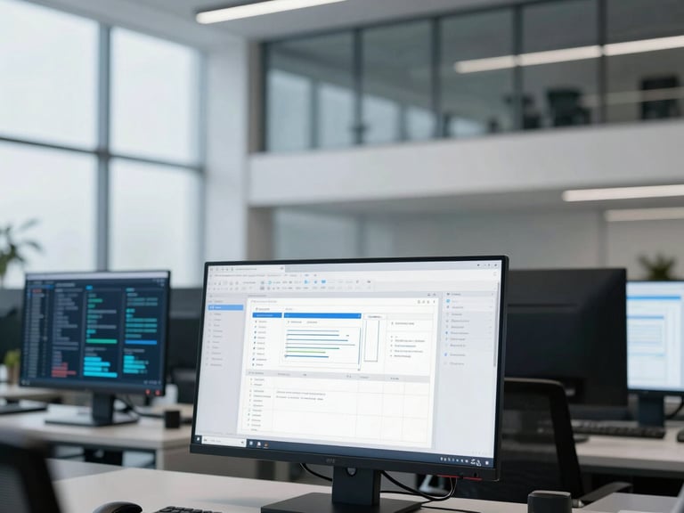 Modern professional workspace, clean architectural lines, structured data patterns on screens, cool crisp daylight, desaturated blues and architectural grays, sharp focus, architectural lens, an AI-driven workflow diagram on a monitor in the foreground.