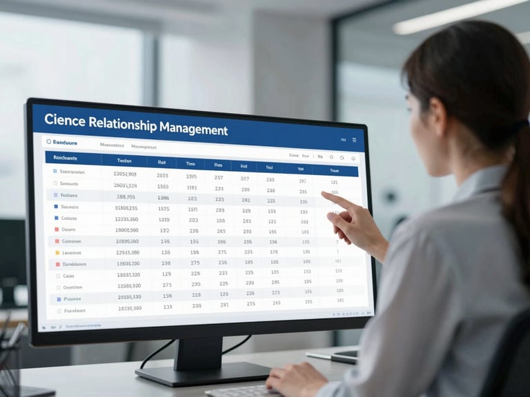 Professional office environment, a financial advisor reviewing a structured client relationship management dashboard, focus on data flow, cool crisp daylight, desaturated blues and architectural grays, sharp focus, architectural lens.