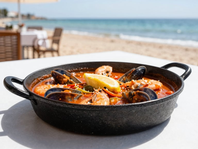 Traditional Spanish seafood caldero served in a black iron pot on a sunny seaside terrace in Mar Menor, warm Mediterranean light, shallow depth of field, 35mm