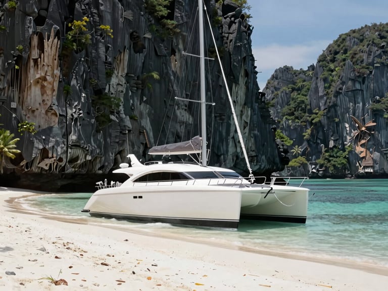 High-end luxury catamaran anchored off a private white-sand cove in Langkawi, dramatic limestone cliffs behind, bright clear daylight