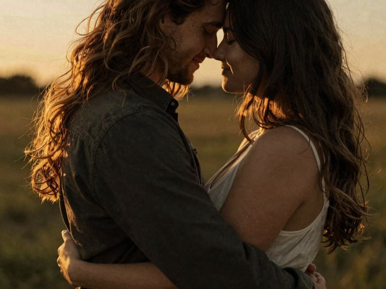 Candid medium shot of a couple embracing during golden hour, soft natural light, rich warm tones
