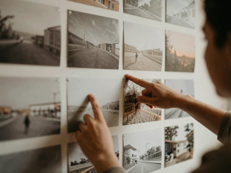 Medium environmental shot of an editorial planning session, hands pointing at moodboards, natural diffused ambient light, warm muted tones.