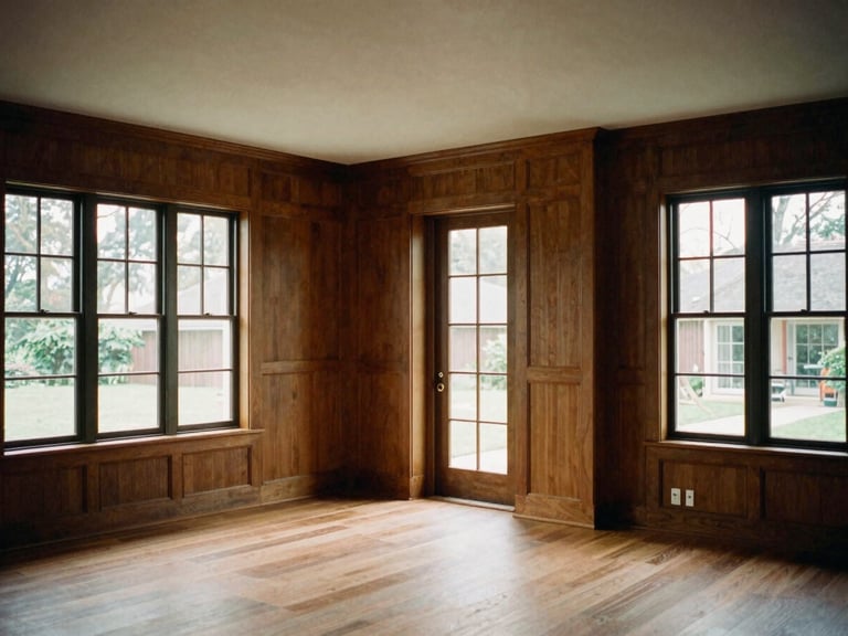 Wide-angle view of a completed residential interior, showing seamless transition between rooms, custom millwork, and abundant natural light from large windows, architectural editorial photography.