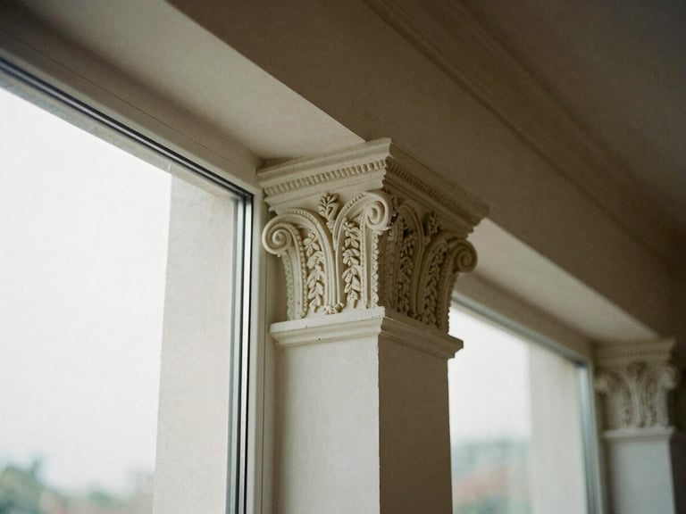 Close-up of intricate, restored plaster crown molding meeting a sleek, modern glass partition, soft natural window light, architectural editorial photography.