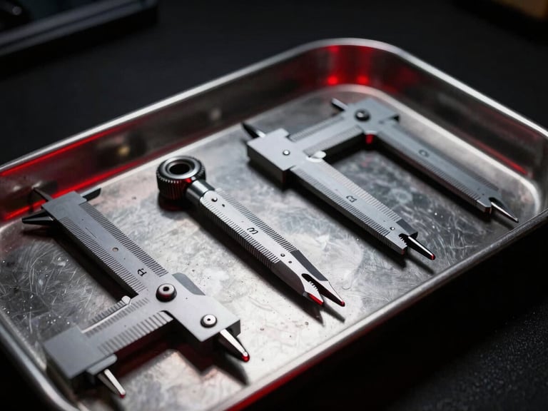 Close-up of calibrated mechanical tools on a clean metal tray, sharp red rim light, dramatic low-key automotive photography, high contrast, crisp details