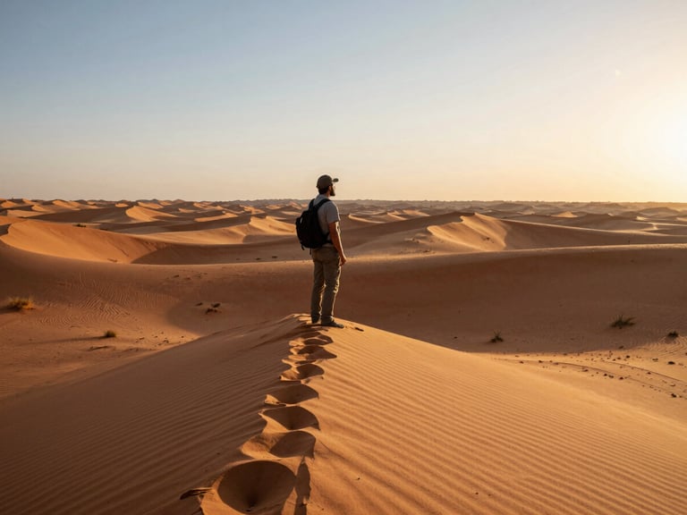 A wide environmental shot of a local guide standing on a high sand dune at golden hour, looking out over the vast Sahara desert, warm low-angle sunlight, cinematic depth.