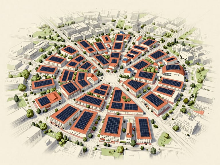 Wide finished illustration, birds-eye drawn map of an urban district with rooftop solar installations marked in saturated terracotta ink, surrounding streets and vegetation in pale green and grey washes, full piece photographed flat under diffuse overhead light on cream paper
