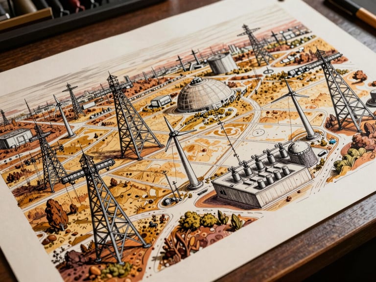 Large finished illustration, overhead close view of a hand-drawn panoramic energy grid landscape — pylons, turbines, and substations rendered in saturated earthy inks on cream paper, dense linework with colour washes of amber and rust, lit from above on a flat studio surface