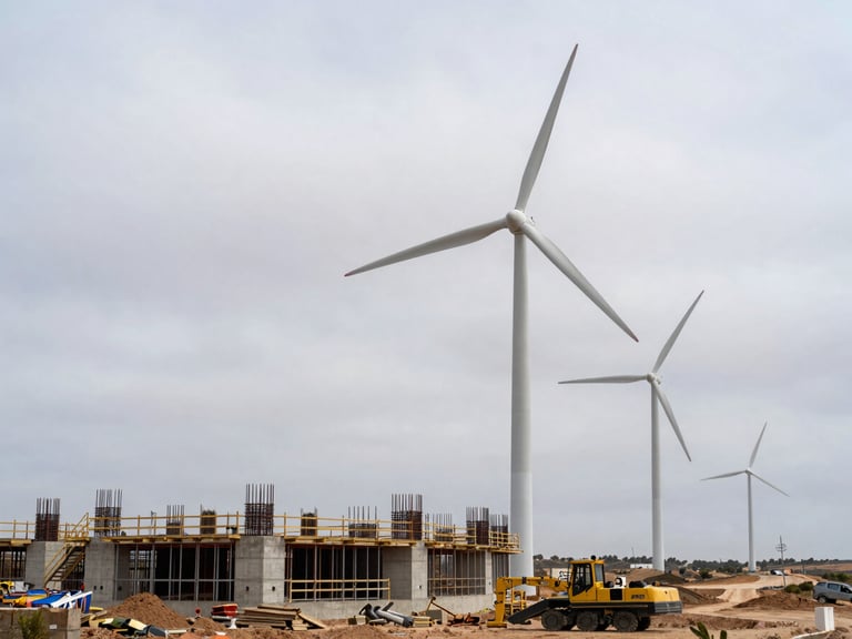 Ground-level documentary photograph of a wind turbine base under construction in an open Castilian plateau, heavy equipment and concrete foundation formwork visible in the foreground, overcast diffuse light, no people in frame, technical site survey context