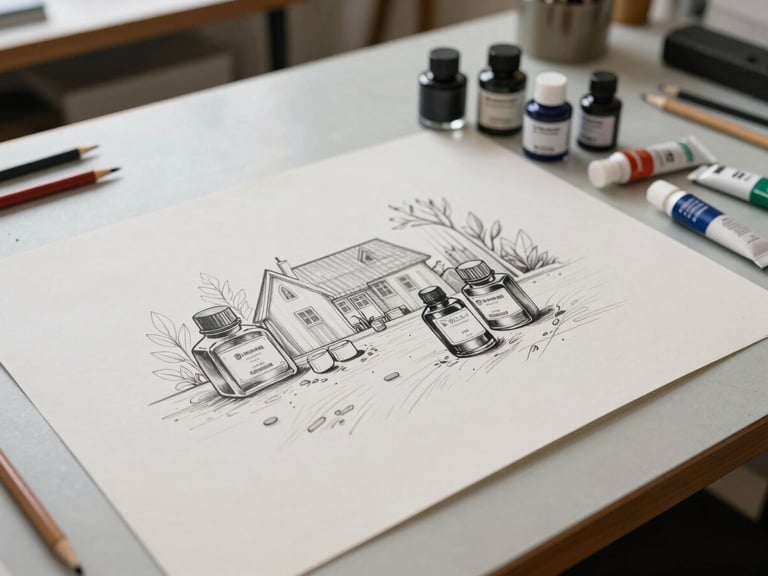 Wide view of an illustration studio worktable—large sheet of toned paper pinned flat, multiple ink bottles and gouache tubes arranged at right, finished linework visible in foreground, diffuse north-facing studio light, no person present, overhead and slightly angled framing