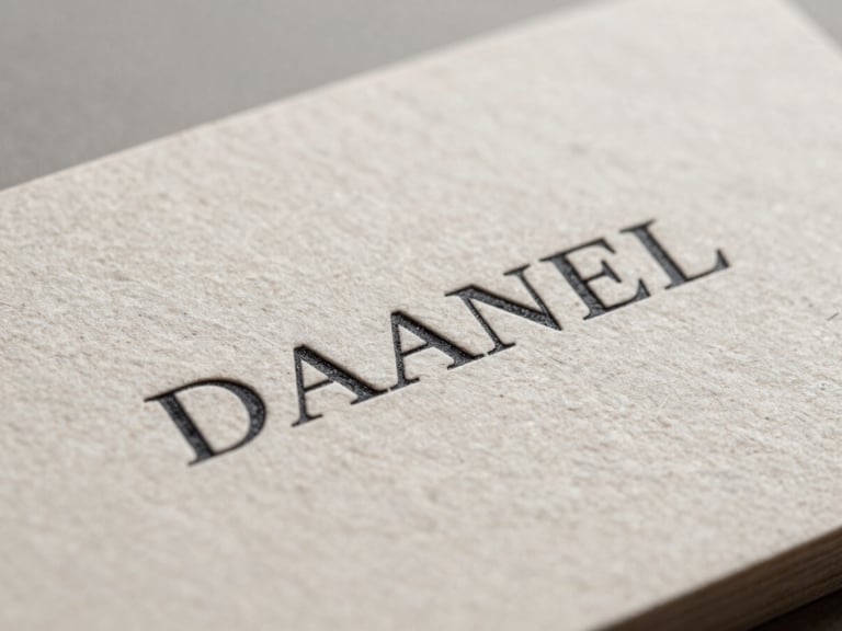 Macro shot of a minimalist business card made of thick warm stone paper, showing crisp black serif typography, soft diffused light.