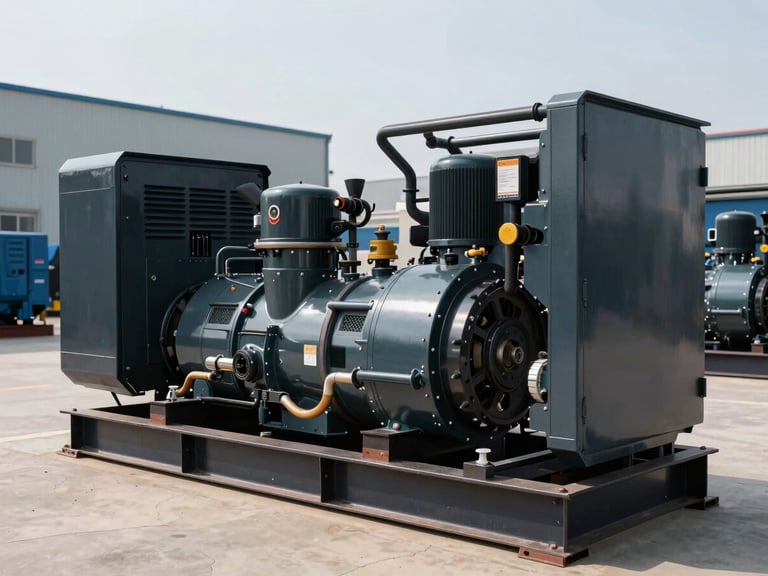 Heavy-duty diesel generator unit inside an enclosure, technical details visible, clean industrial environment.