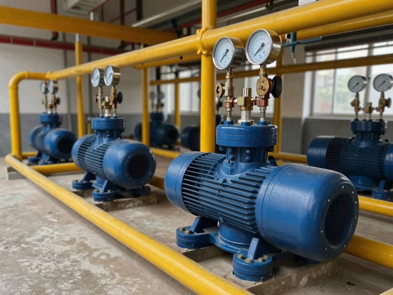Industrial water pump installation in a clean utility room, blue and yellow pipes, high-pressure gauges, crisp lighting.