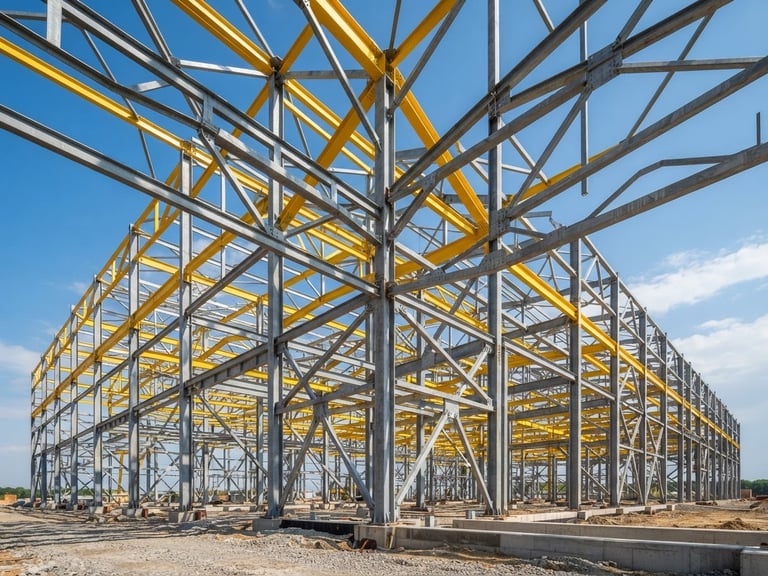 Plano general de una estructura de acero industrial en construcción bajo luz natural intensa, vigas geométricas amarillas y grises, sin personas, lente gran angular