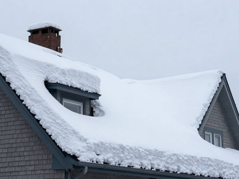 Wide panoramic view from street level looking up at a heavily snow-laden residential roof in Quebec, thick white accumulation pressing down on shingles, overcast harsh winter daylight, no people, dramatic weight of snow visible