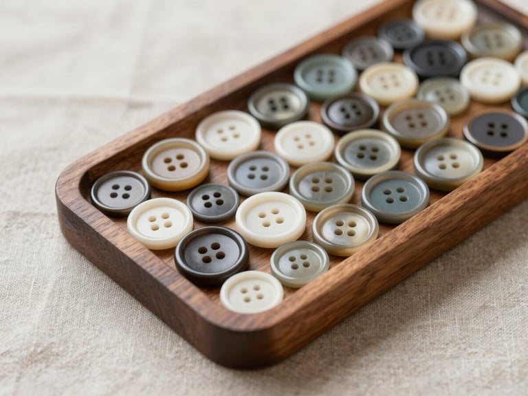 Macro photography of wooden printer trays filled with organized buttons of different calibers, soft natural light, linen background