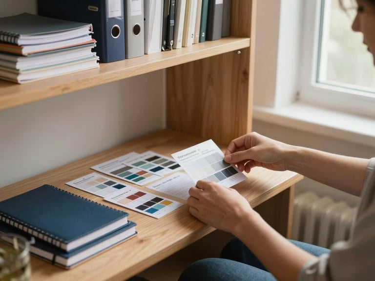 Wide environmental shot of a small home workspace, a woman's hands arranging labeled product samples on a light wood shelf, notebooks and reference binders stacked at the left edge, soft overcast window light from the right, no other people visible