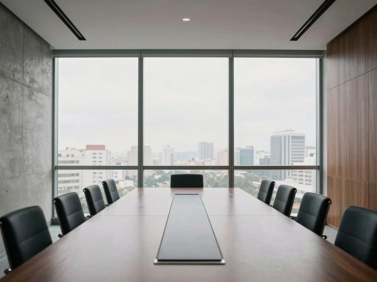Architectural perspective of a modern corporate boardroom in São Paulo, soft overcast daylight through floor-to-ceiling windows, minimalist concrete and dark wood accents.