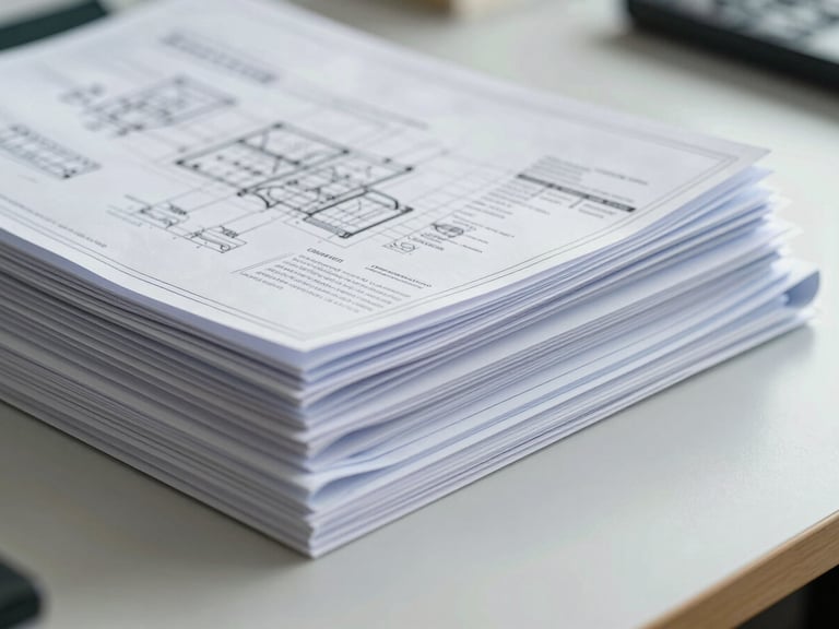 Close-up of technical engineering blueprints and compliance documentation folders stacked neatly on a clean desk