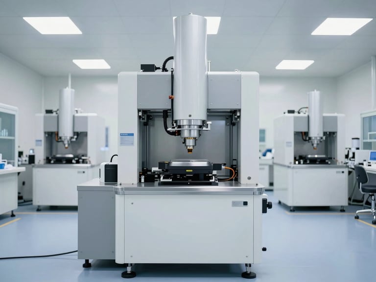 Straight-on architectural shot of a modern cleanroom facility with automated machinery and bright clinical white lighting