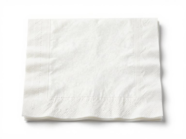 Bright high-key studio shot of premium embossed white paper napkins, clean white background, commercial lighting
