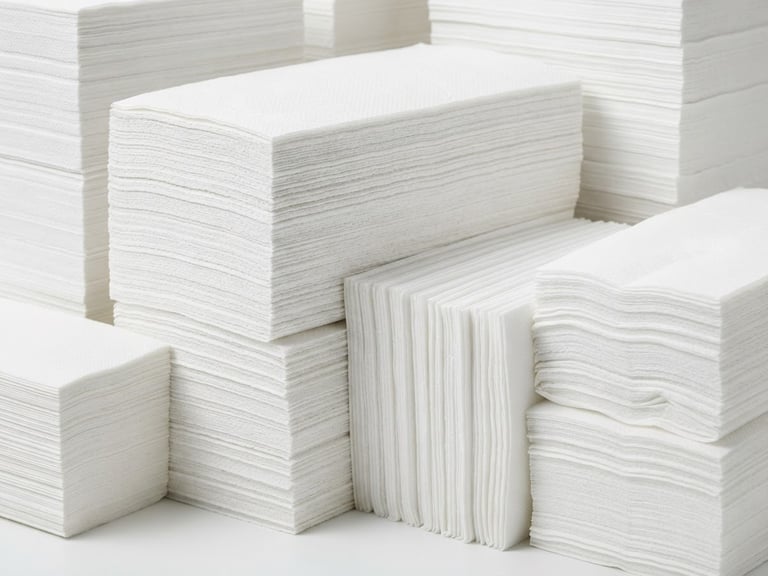 Bright high-key product photography of stacked commercial paper towels and napkins on a clean white backdrop, crisp studio light, sharp focus, 50mm lens