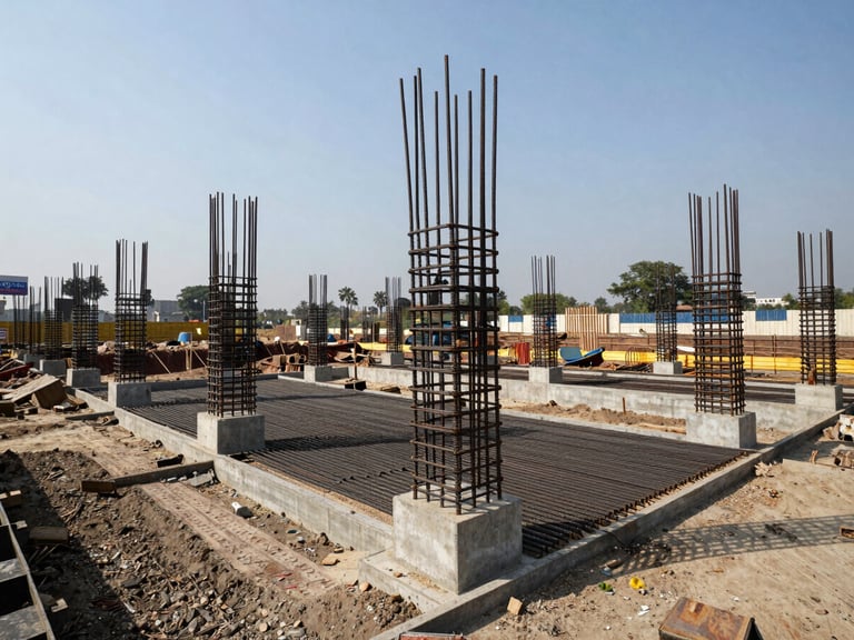 A wide-angle, high-contrast daylight photograph of an active structural development site near Yamuna Expressway, showing steel reinforcement bars and concrete foundations under a clear sky