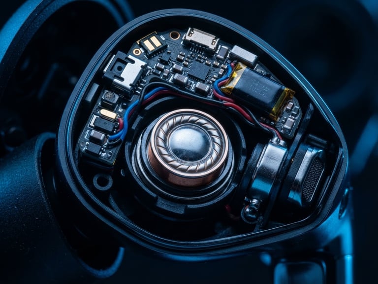 Close-up macro shot of the intricate internal components of a high-performance wireless earbud, showcasing precision engineering, dramatic blue rim lighting, dark reflective surface.