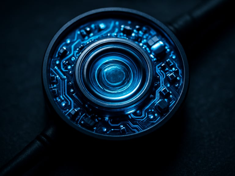Close-up macro shot of an earbud driver assembly, intricate circuit board details, electric blue glow, dark industrial background, high-contrast studio lighting.