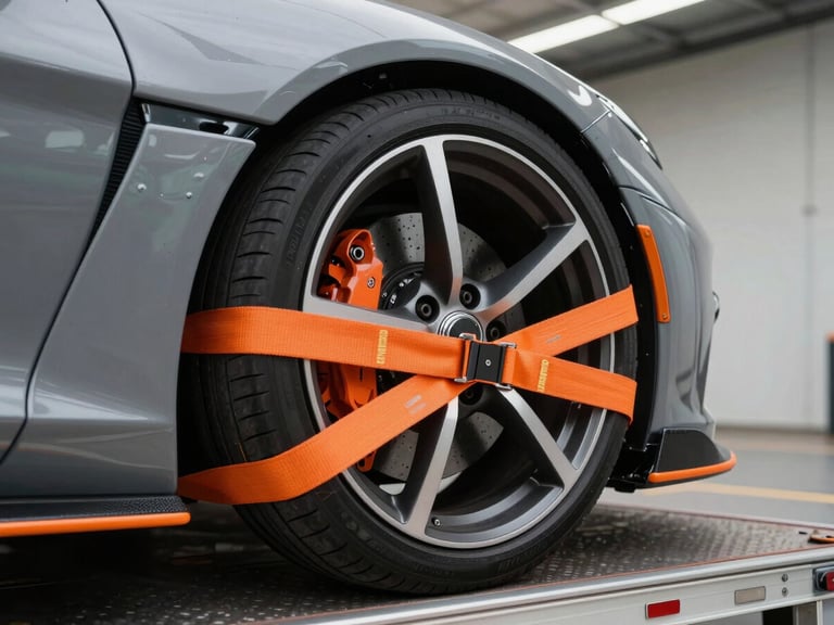 Close-up shot of a low-slung luxury sports car wheel being secured with heavy-duty orange straps inside an enclosed trailer, clean industrial setting, sharp lighting.