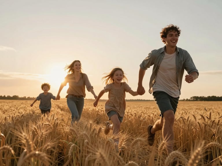 Cinematic wide shot of a young family running through a golden wheat field at sunset, warm lens flare, low-angle sun, authentic laughter, candid motion.