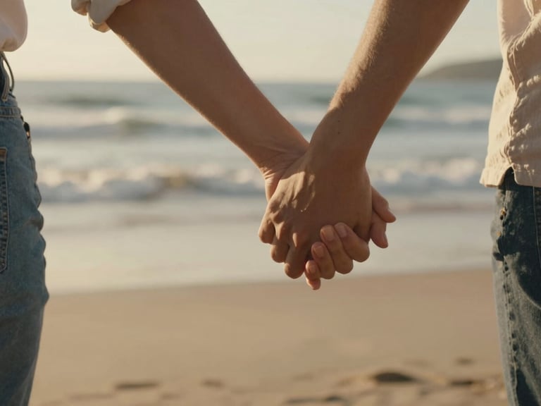Cinematic close-up of a couple's hands intertwined, walking along a wind-swept beach, warm low golden hour light, soft focus on the background waves.
