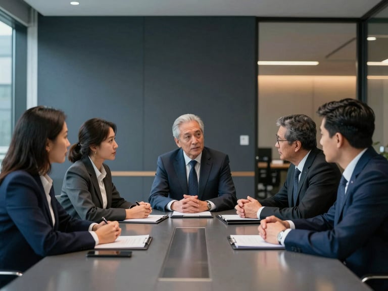 Abogados en discusión estratégica intensa en un despacho moderno, mesa de cristal, luz cenital fría, tonos azul y carbón, enfoque en la resolución.