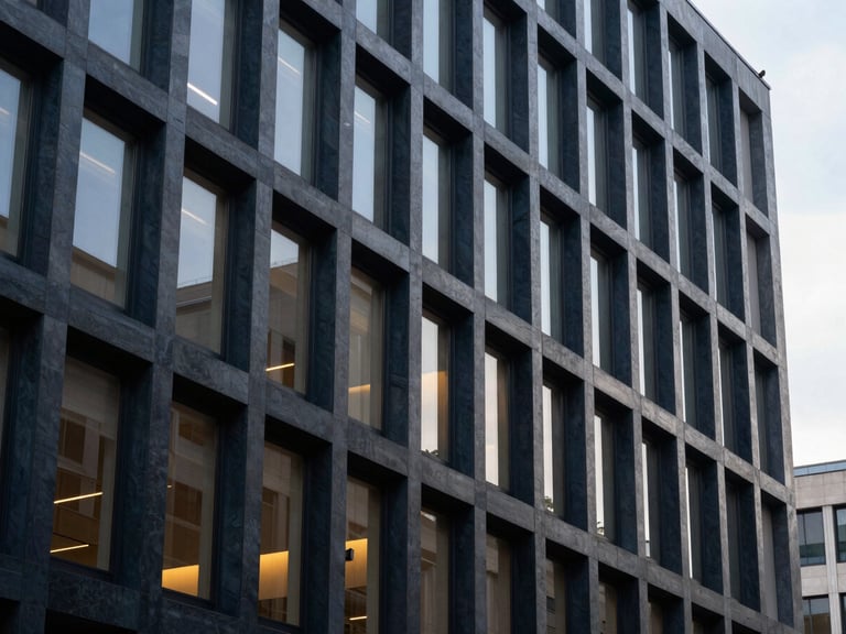 Detalle arquitectónico de un edificio judicial moderno, líneas limpias y geométricas, luz natural fuerte, enfoque en la estructura y el orden.