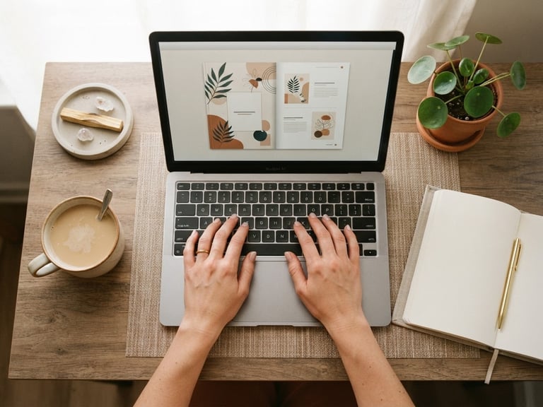 Hands typing on a laptop, a digital e-book mockup on the screen, soft natural window light, oat milk and terracotta tones, minimalist desk setup, top-down flat lay.
