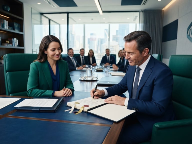 Wide angle 35mm lens of a formal document signing in a bright corporate boardroom, crisp natural daylight, deep blue and emerald tones, pristine legal seals visible on the table.