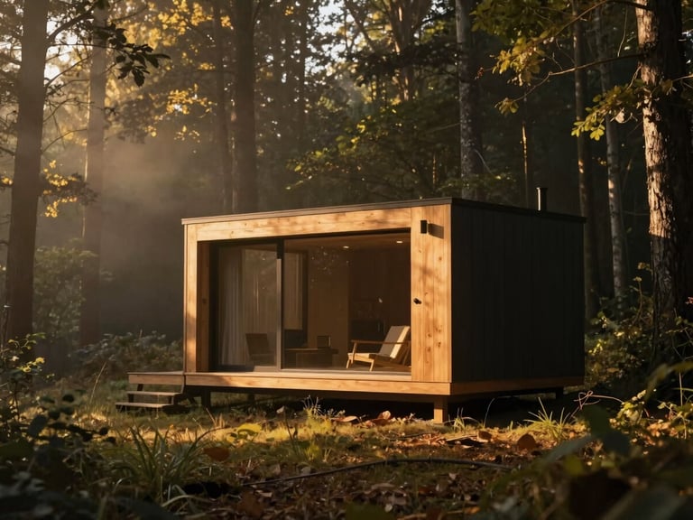 Minimalist sunlit retreat cabin nestled in dense forest, warm golden hour light, soft morning mist, 35mm editorial photography.
