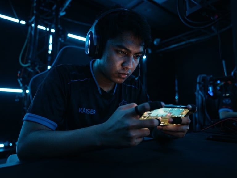 Low-angle cinematic esports photography of a competitive PUBG Mobile player in a dark room, intense electric blue neon rim lighting, finger sleeves visible on thumbs, glowing screen reflecting on face, deep shadows.